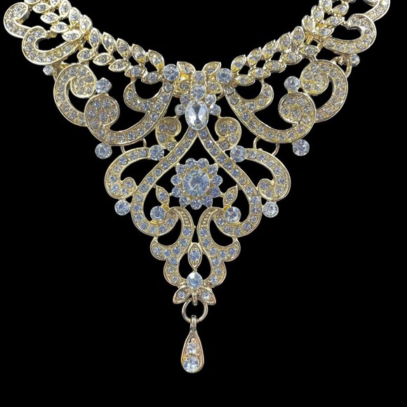 Gold Rhinestone Statement Necklace Earring Set Wedding Glam Elegant Jewelry - Picture 3 of 10